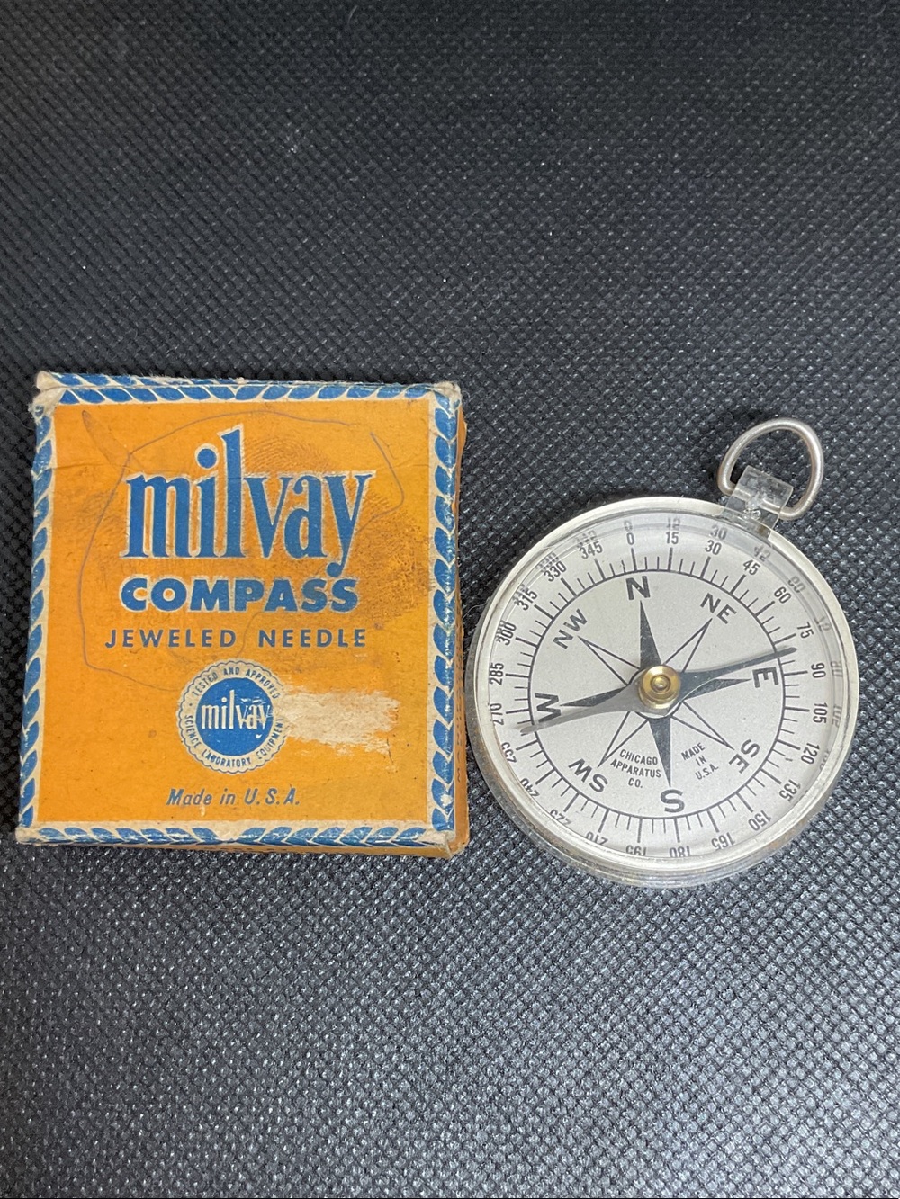 Vintage Milvay Jeweled Needle Compass with Original Box - Orange/Blue